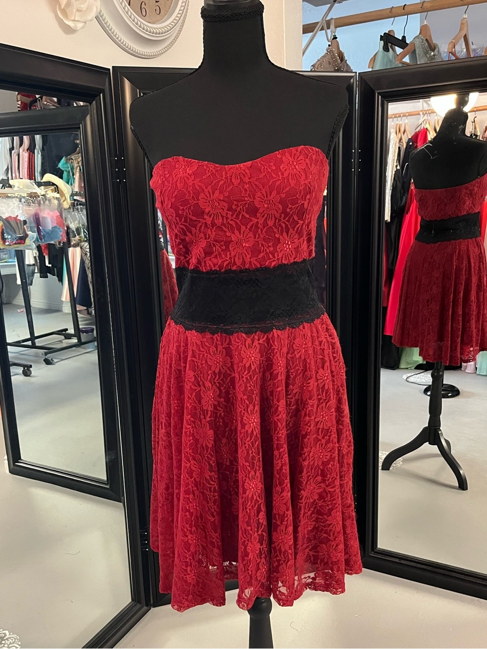 Strapless Red Lace Prom Dress with Black Lace Panel